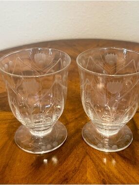 2 Rock Sharpe Misque Rose Hand Blown Etched Floral 8oz Footed Glasses